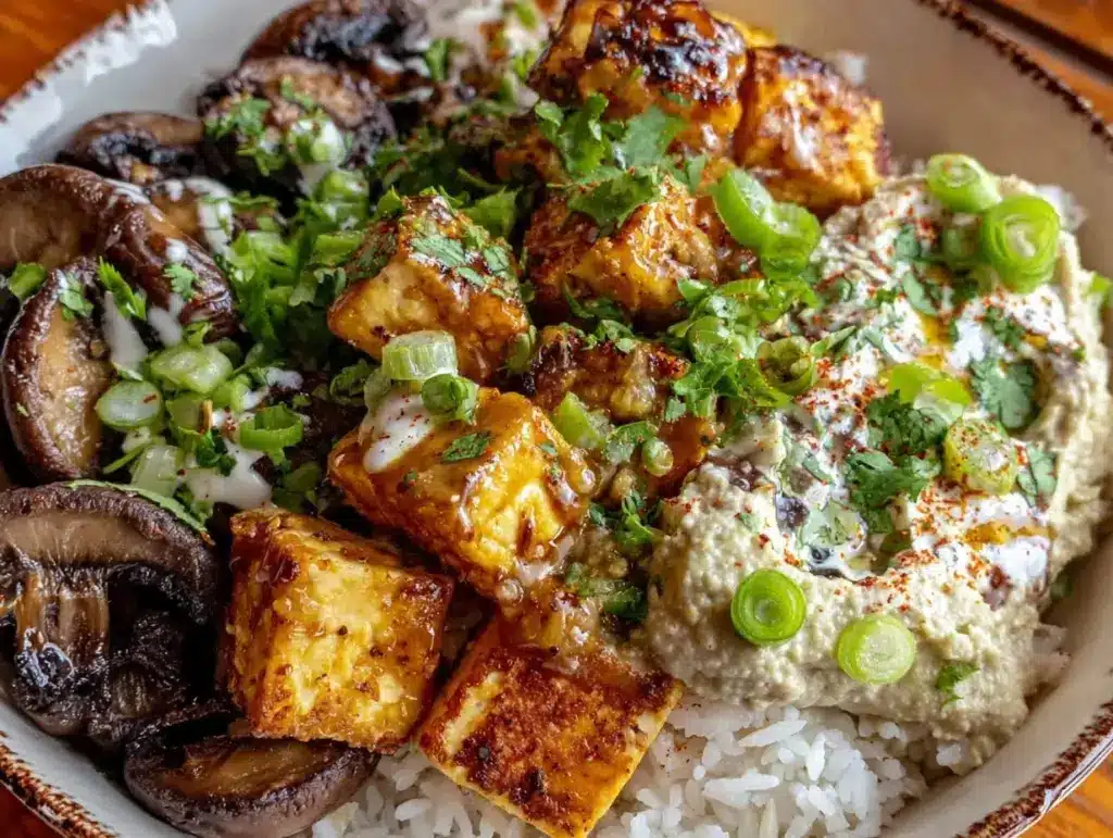 spicy ginger garlic tofu bowl - featured image