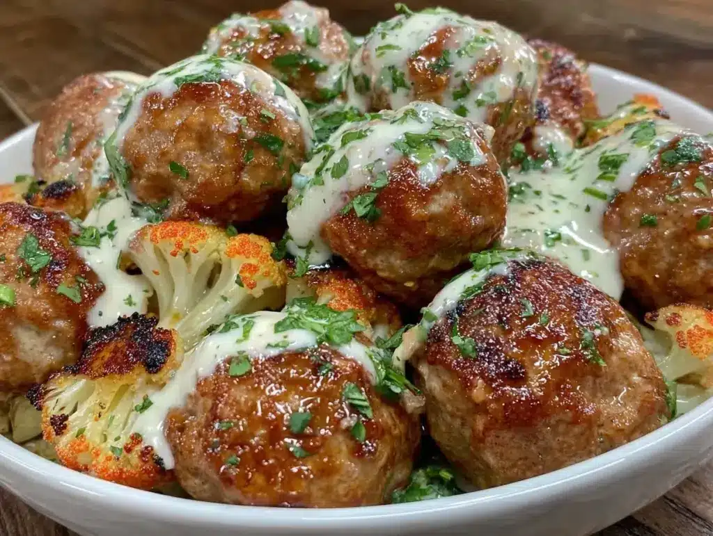 spicy turkey meatball dinner bowl - featured image