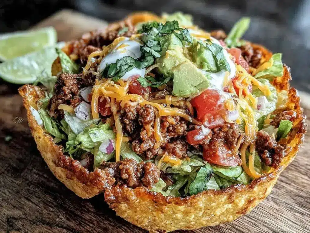 taco salad in tortilla bowl - featured image