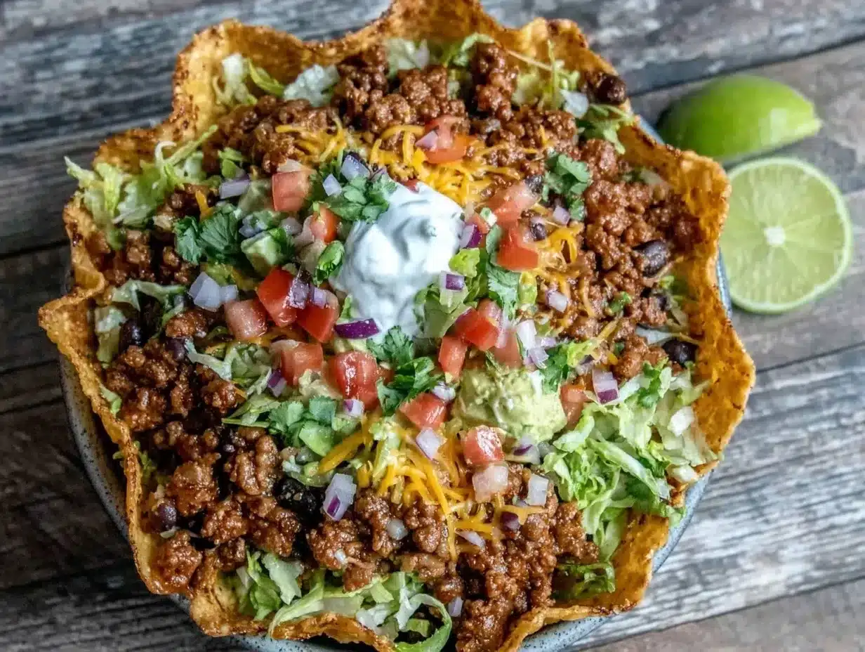 taco salad in tortilla bowl preparation steps