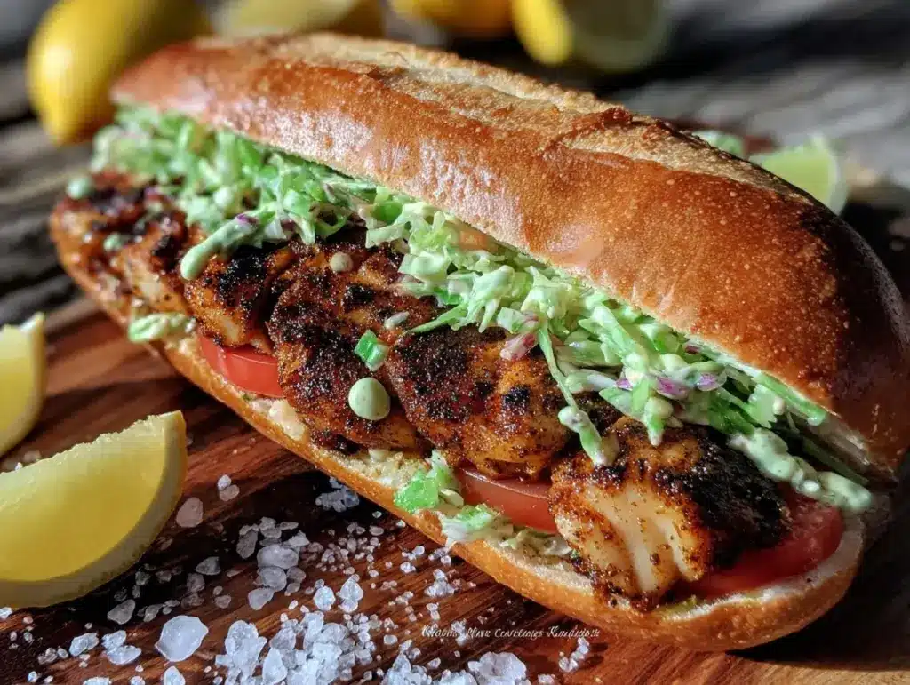 blackened catfish po boy sandwich - featured image