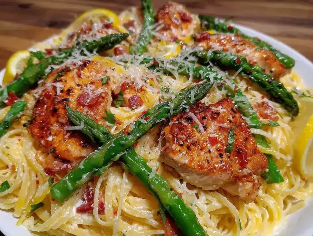 creamy lemon asparagus chicken pasta - featured image