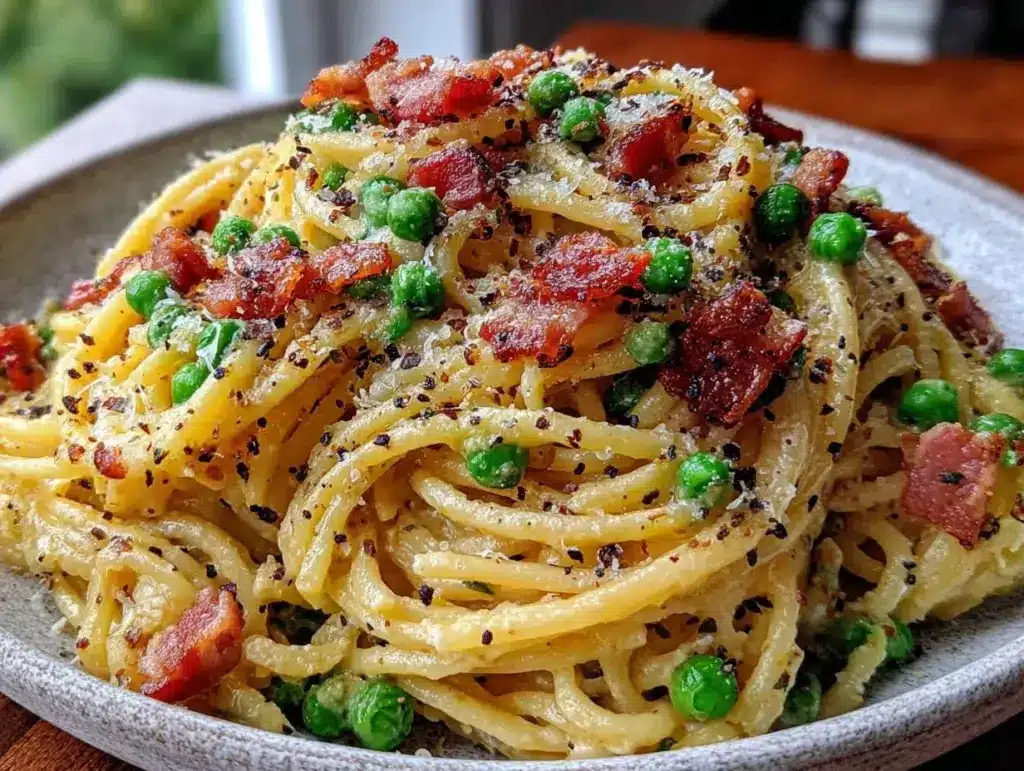 creamy pea and pancetta carbonara - featured image