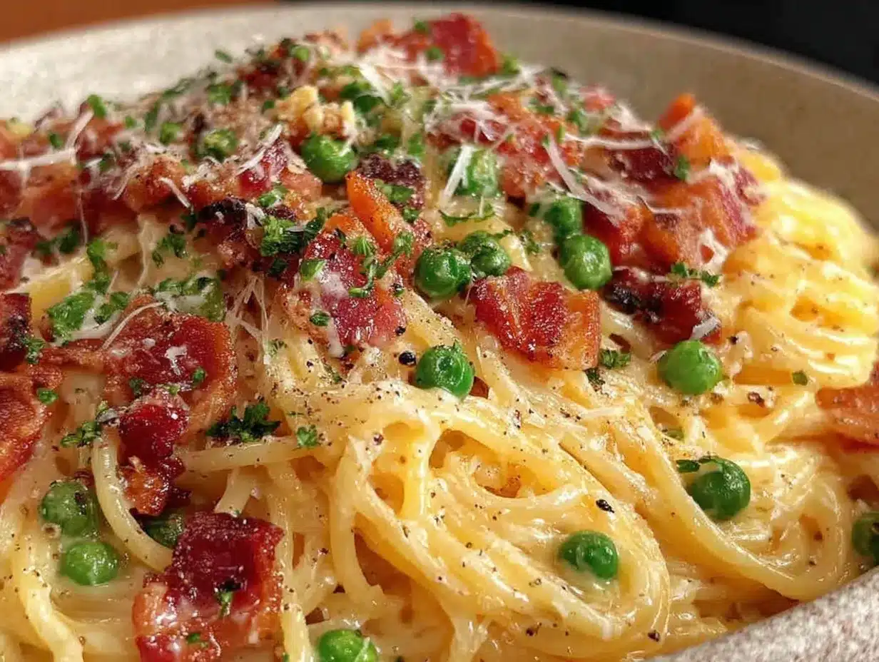 creamy pea and pancetta carbonara preparation steps