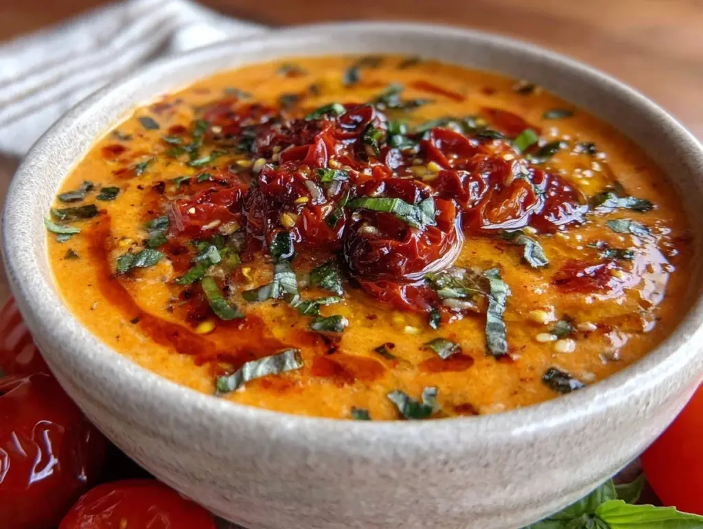 creamy roasted tomato basil soup - featured image