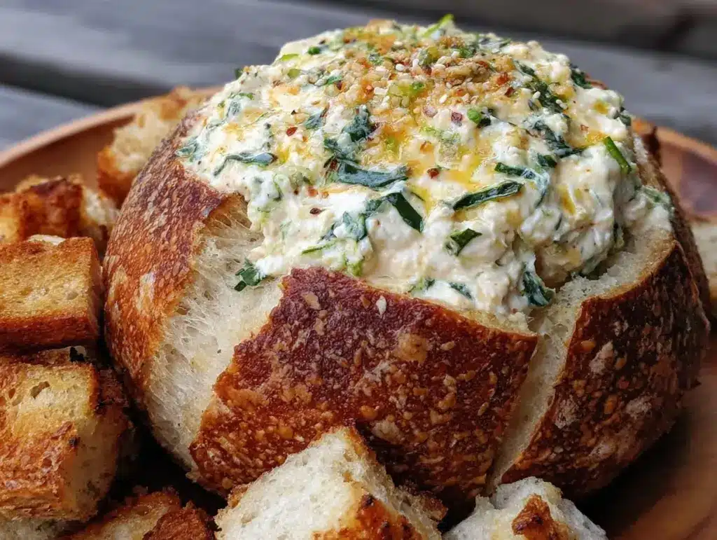 creamy spinach dip breadbowl - featured image