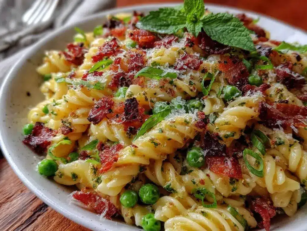 creamy spring pea and bacon pasta salad - featured image