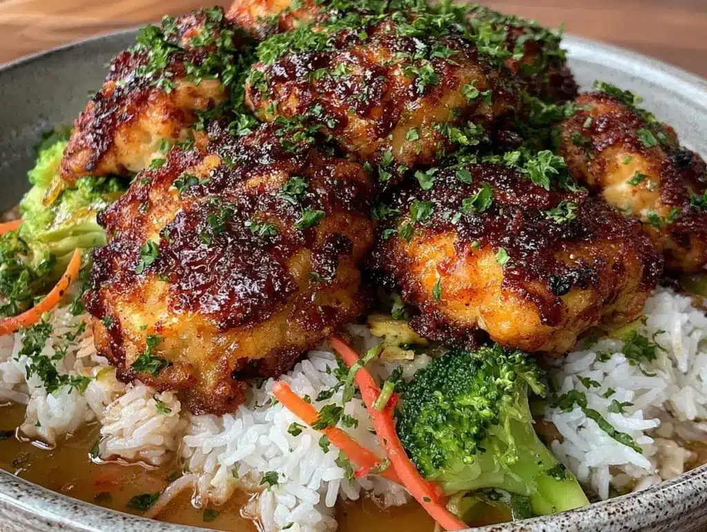 crispy dinosaur chicken and rice - featured image