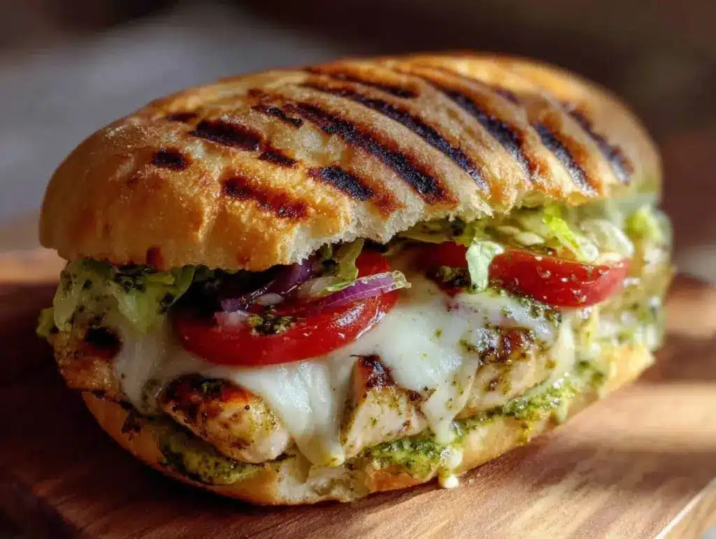 crispy grilled pesto chicken sandwich - featured image
