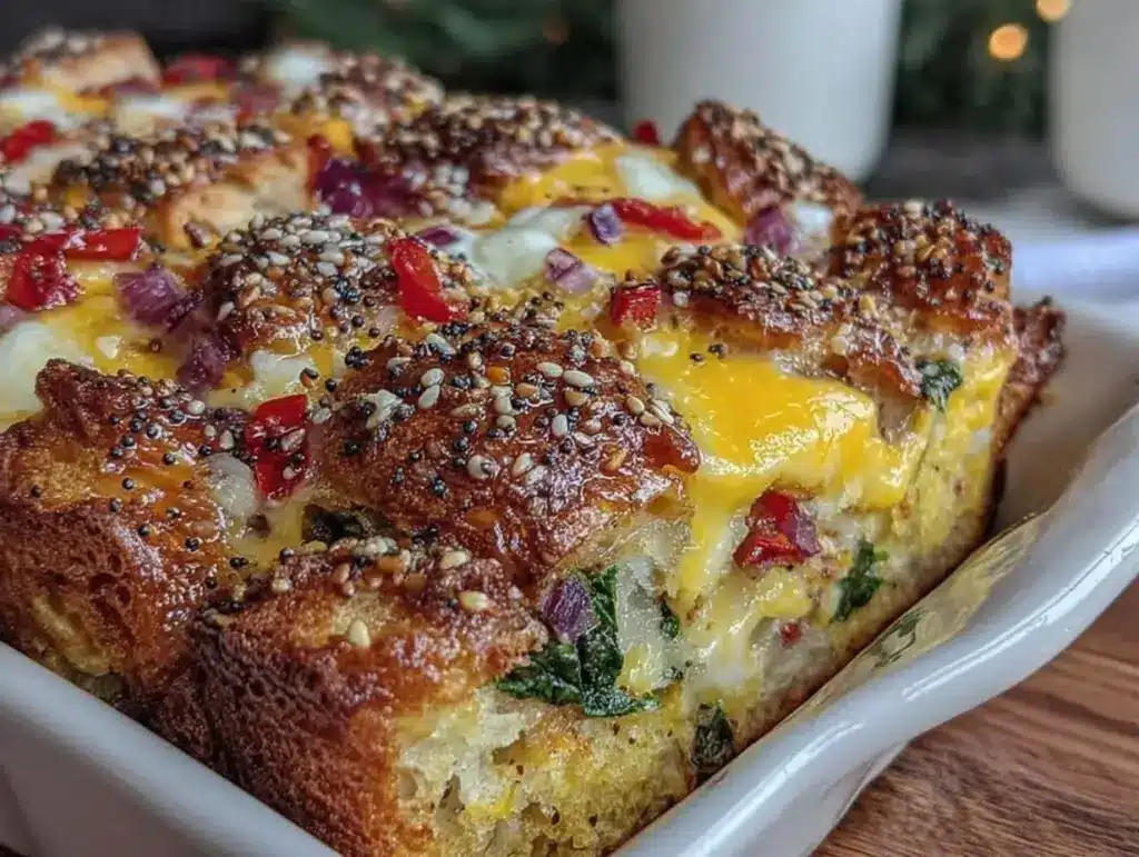 easy cheesy everything bagel breakfast casserole - featured image