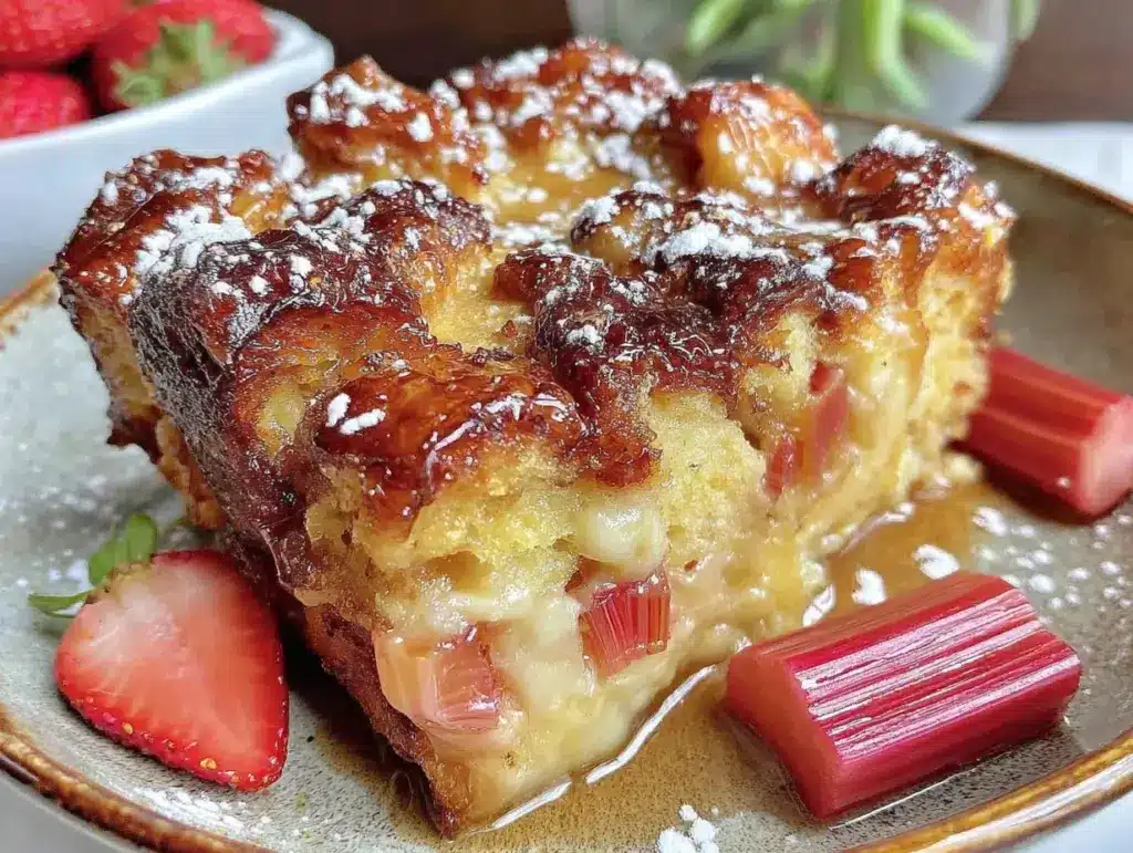 easy creamy strawberry rhubarb bread pudding - featured image
