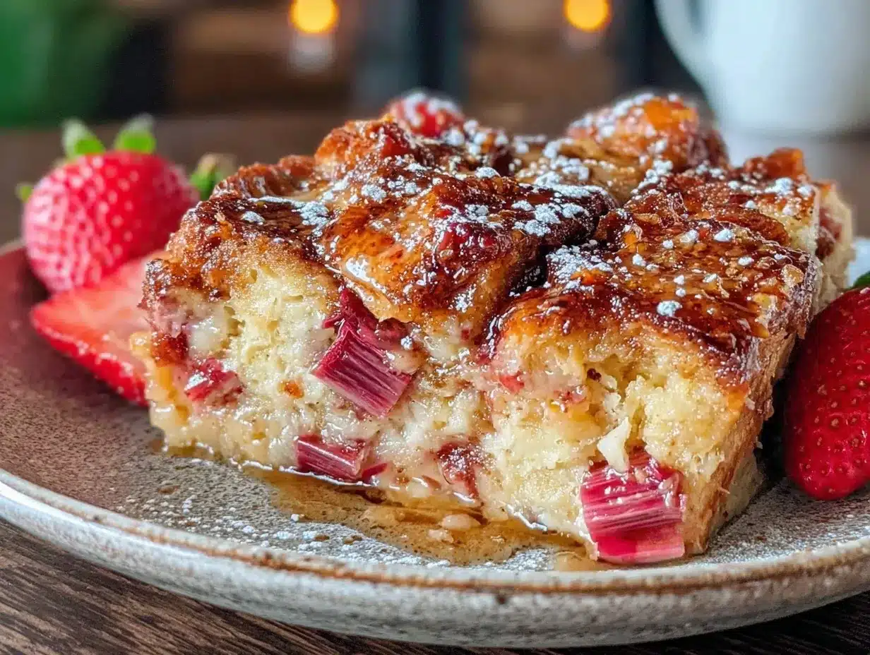 easy creamy strawberry rhubarb bread pudding preparation steps