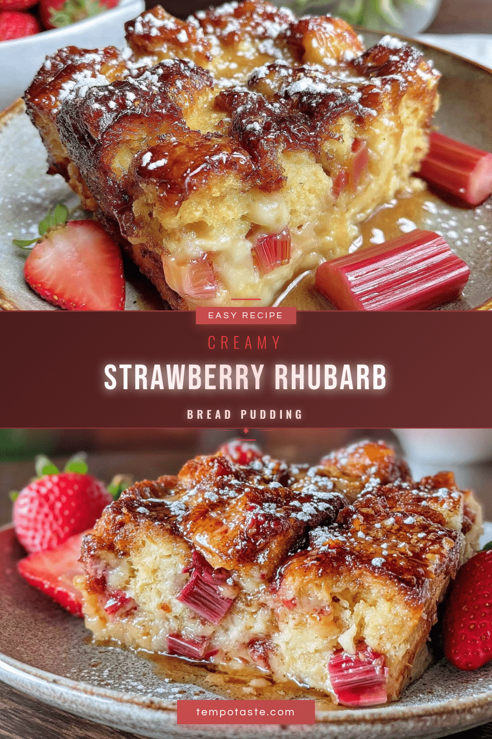 easy creamy strawberry rhubarb bread pudding recipe
