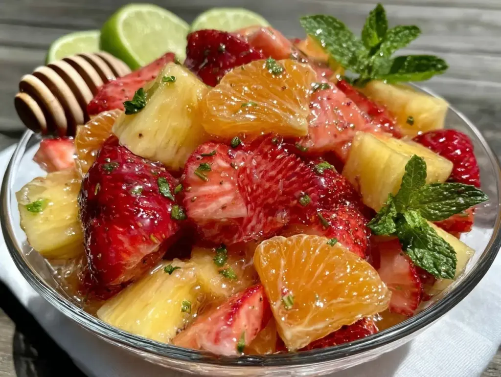 fresh honey lime fruit salad with mint - featured image