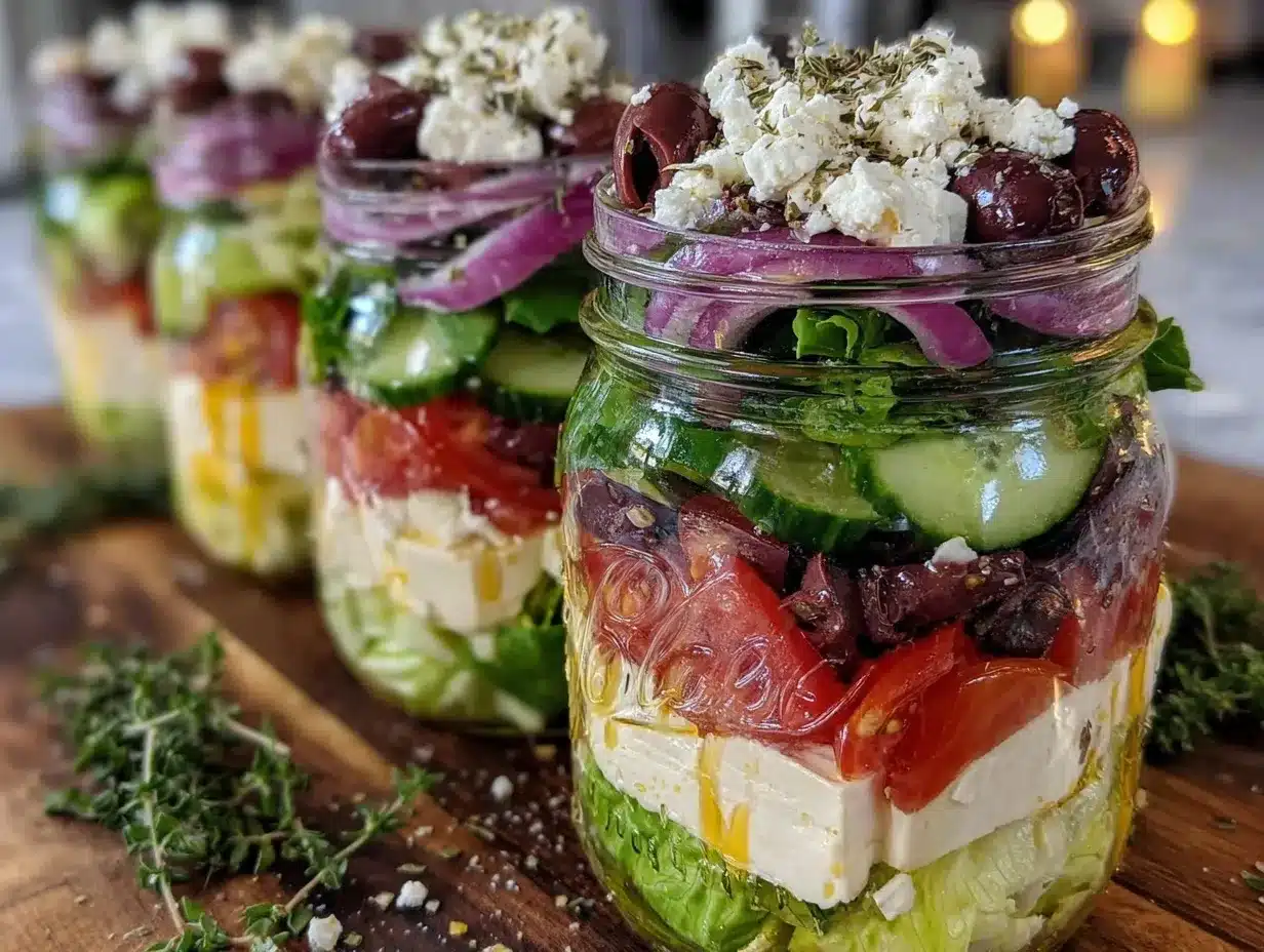 fresh mason jar greek salads preparation steps