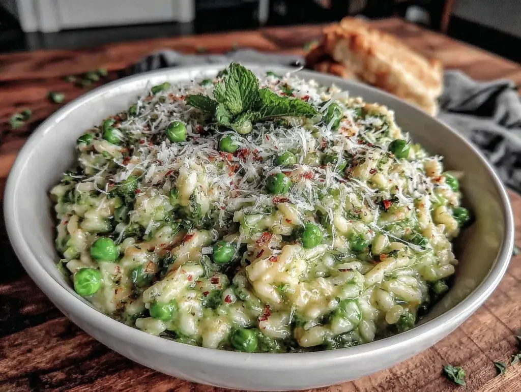 fresh spring pea and mint risotto - featured image
