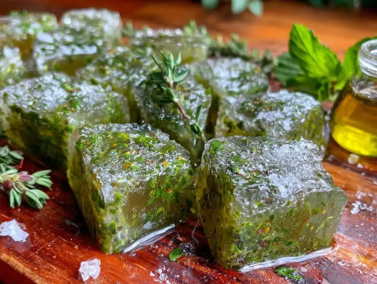 frozen herb cubes in olive oil preparation steps