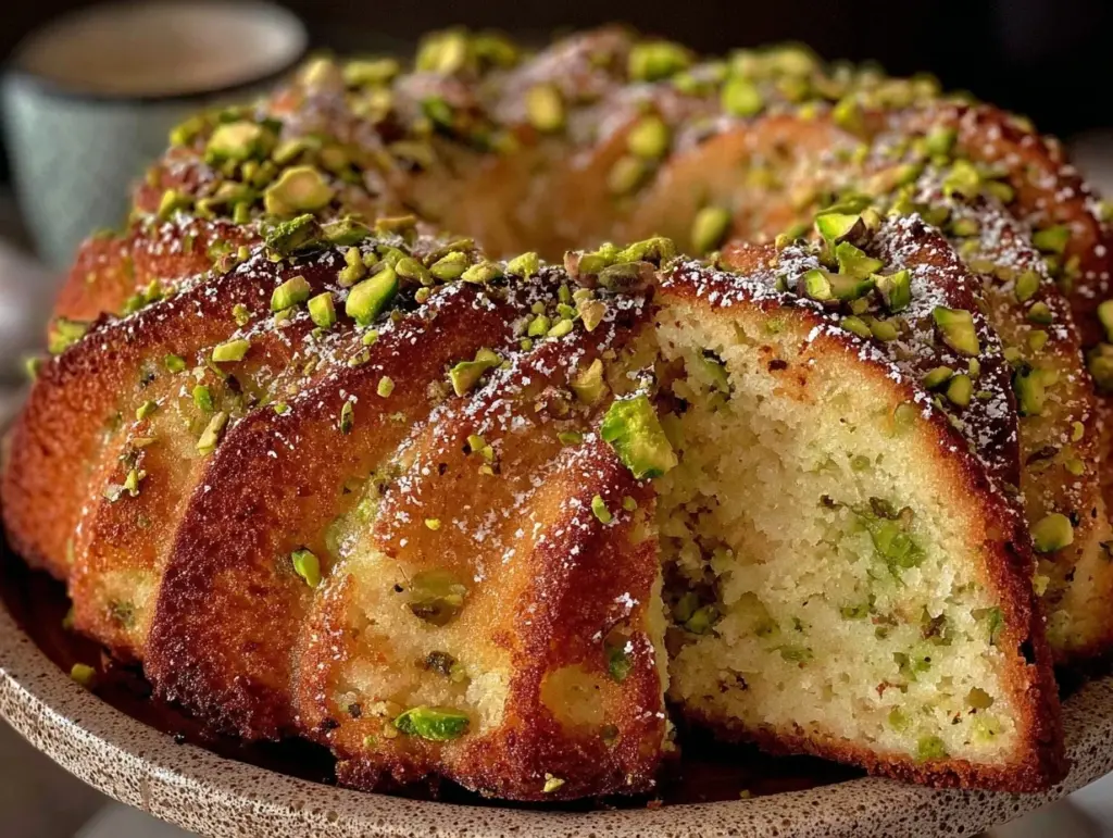 moist pistachio olive oil bundt cake - featured image