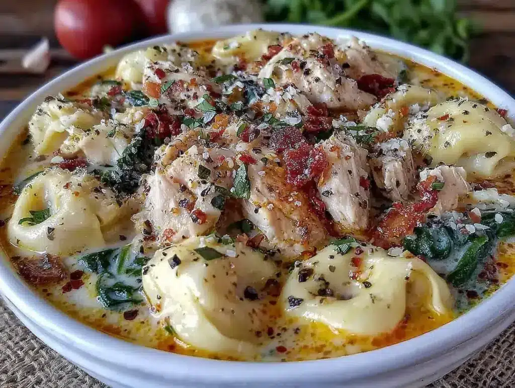 creamy crockpot chicken tortellini soup - featured image