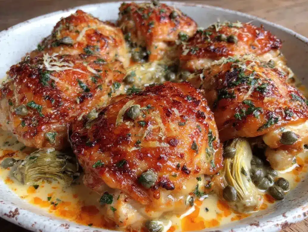 creamy one-pan lemon artichoke chicken thighs - featured image