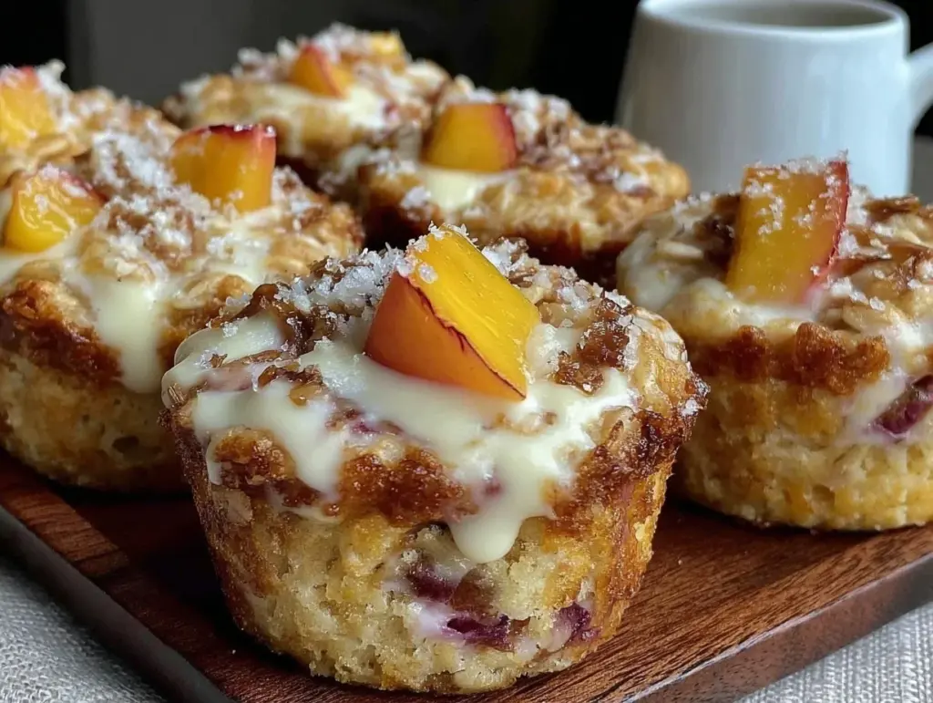 creamy peach cream cheese baked oatmeal cups - featured image