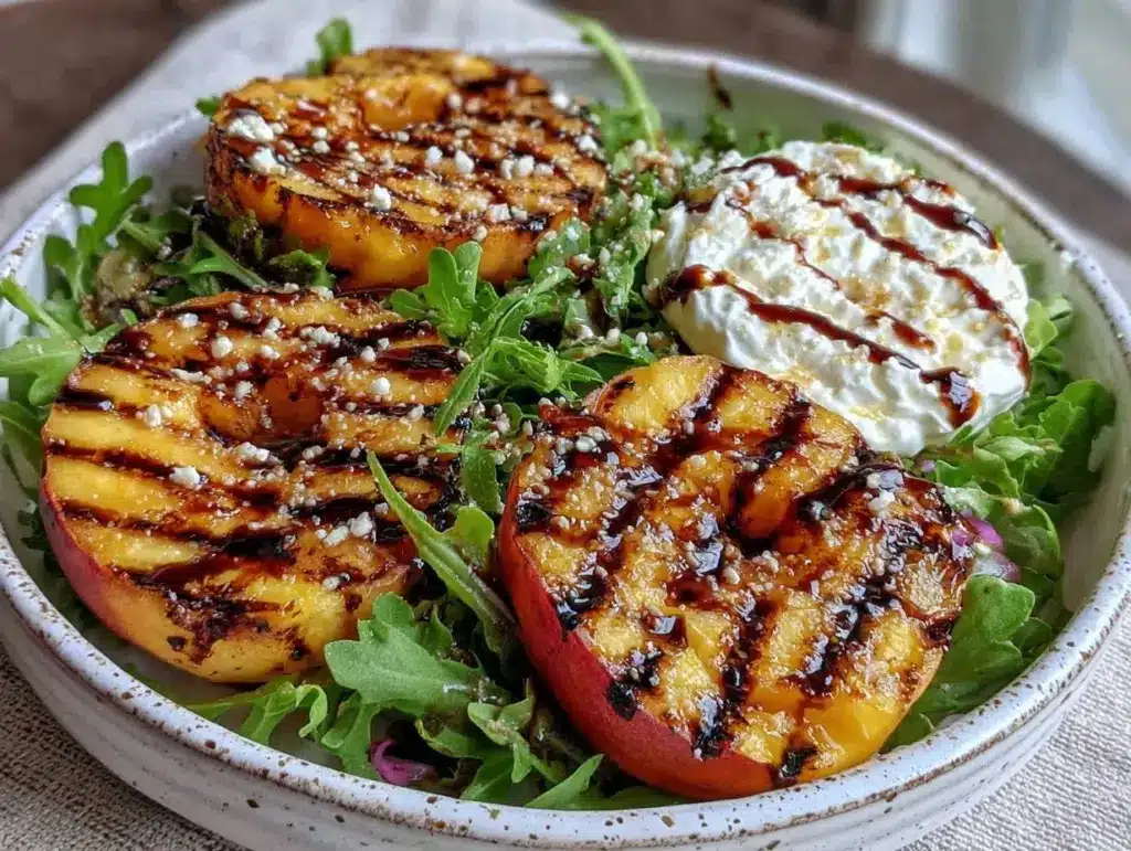 fresh grilled peach burrata salad - featured image