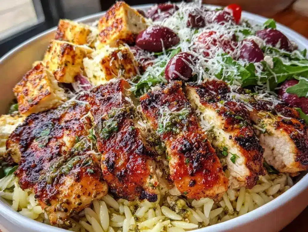 fresh grilled pesto chicken orzo salad - featured image