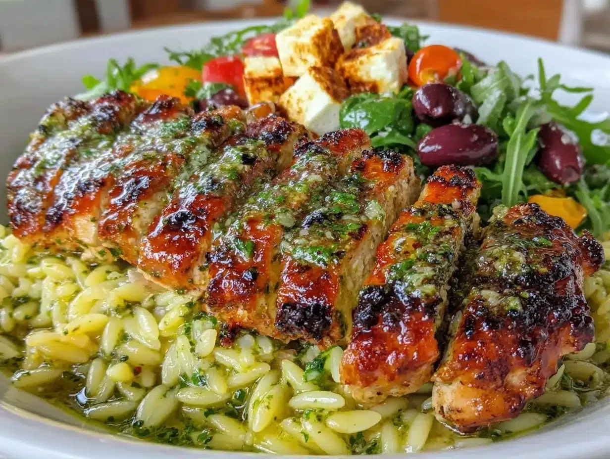 fresh grilled pesto chicken orzo salad preparation steps