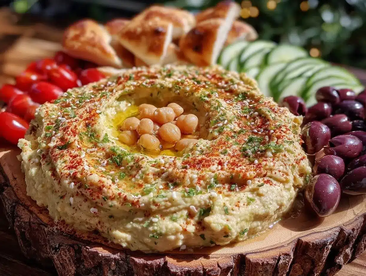 Mediterranean mezze board with hummus preparation steps
