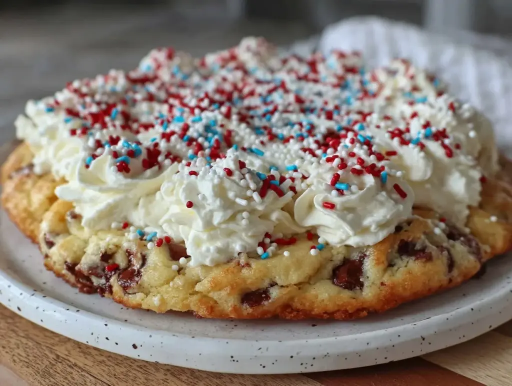 red white and blue sprinkle cookie cake - featured image