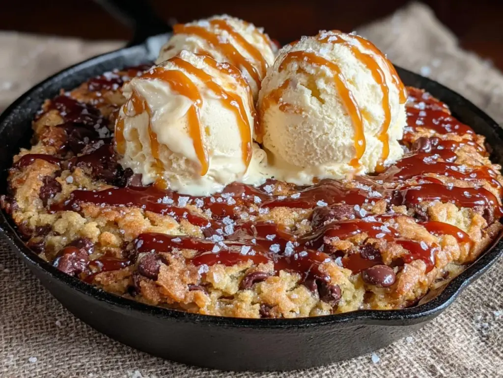 salted caramel chocolate chip skillet cookie for two - featured image
