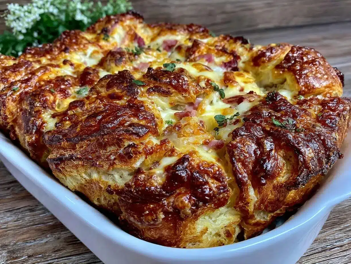 savory cheesy ham and gruyere croissant breakfast bake preparation steps