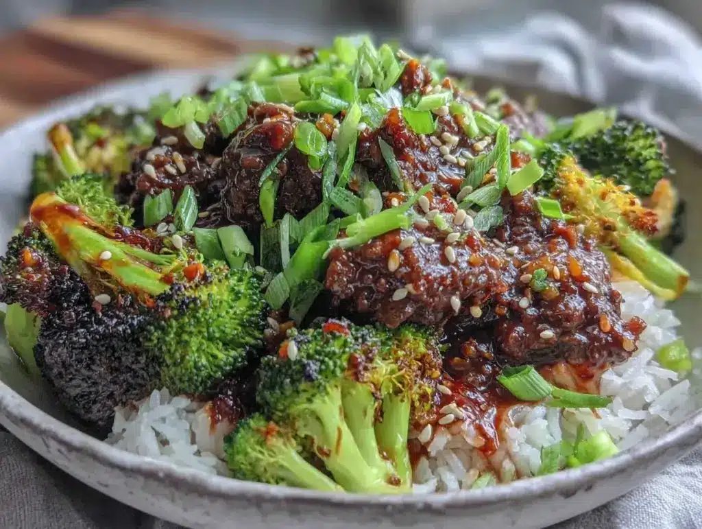 sheet pan korean beef and broccoli bowl - featured image