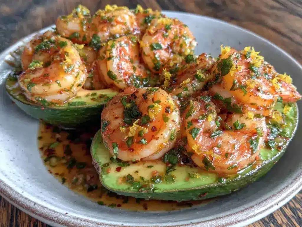 shrimp scampi stuffed avocado - featured image
