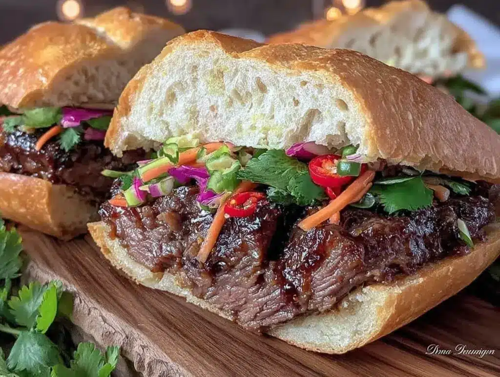 Vietnamese lemongrass beef banh mi sandwich - featured image
