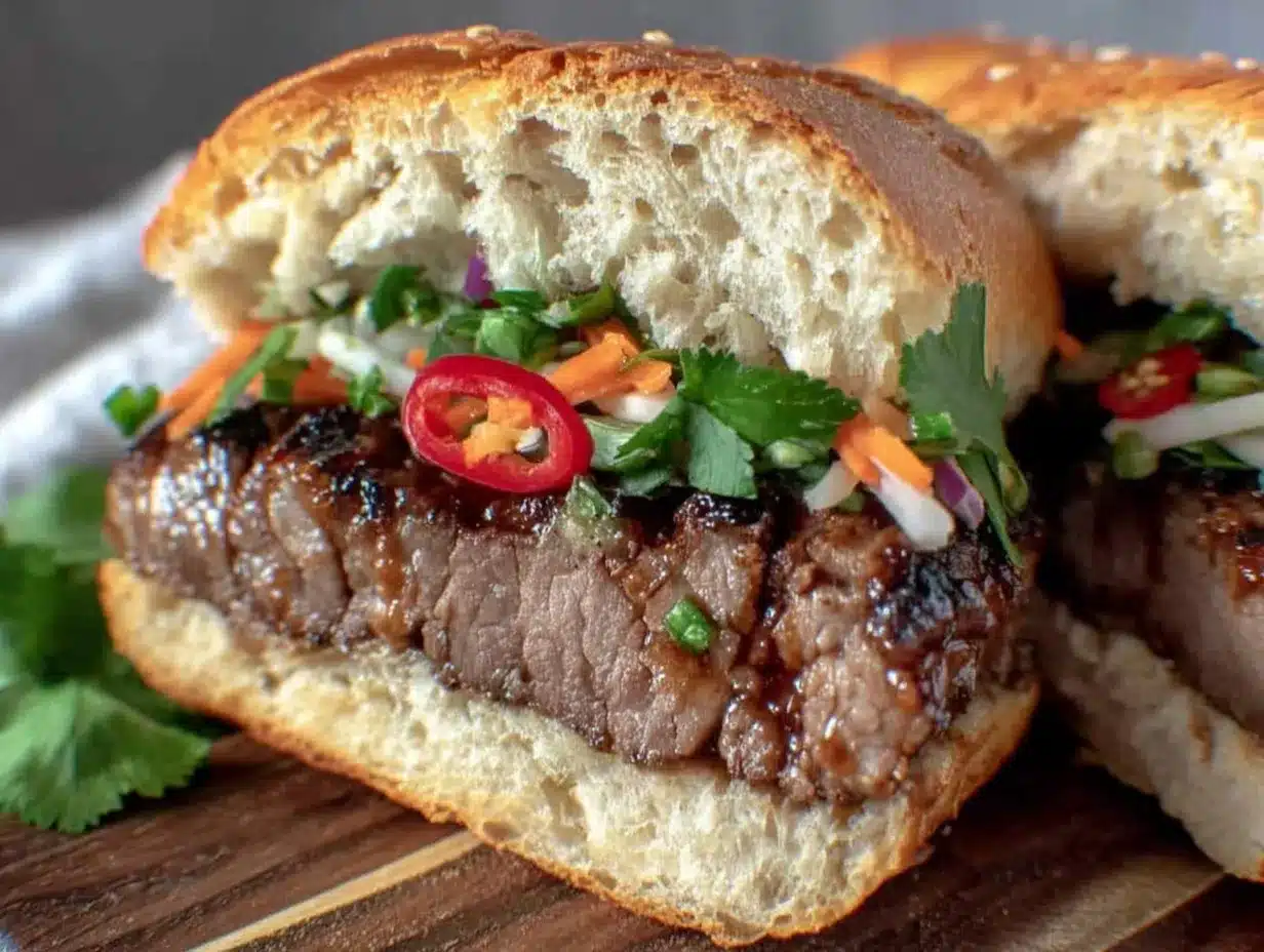 Vietnamese lemongrass beef banh mi sandwich preparation steps