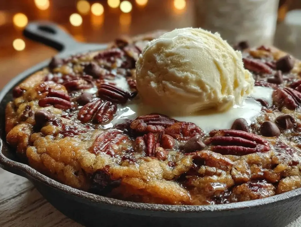 brown butter pecan chocolate chip cookie skillet - featured image