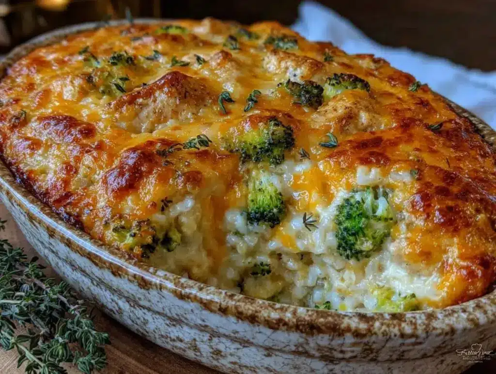 creamy chicken broccoli rice casserole - featured image