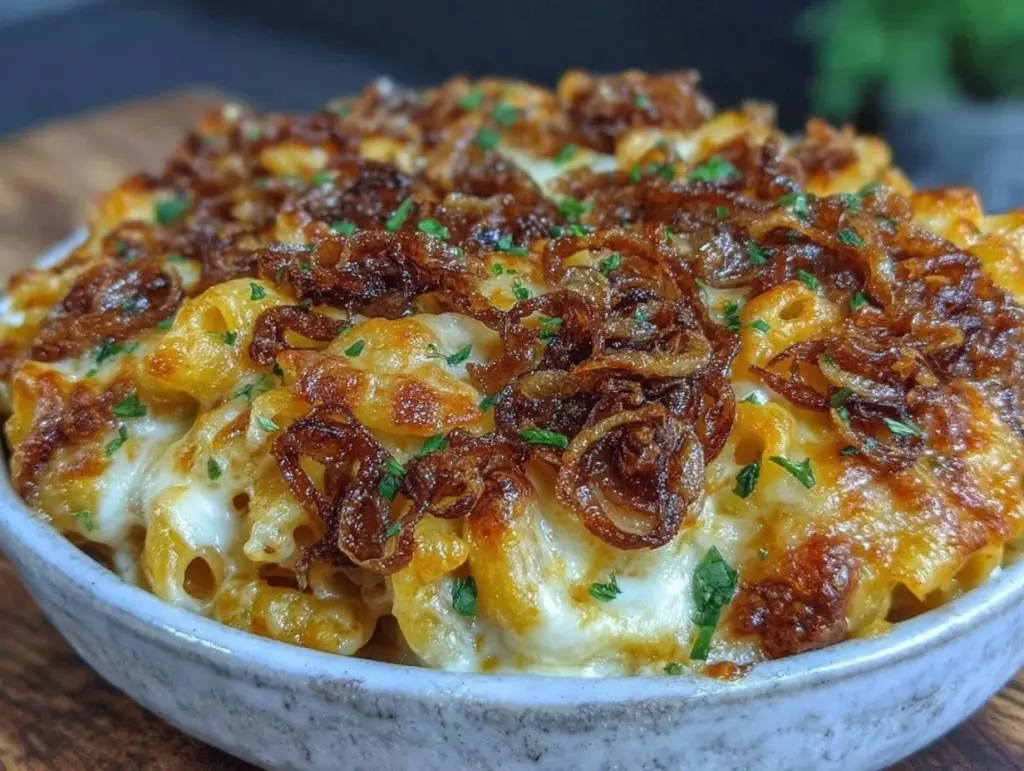creamy french onion soup pasta bake - featured image