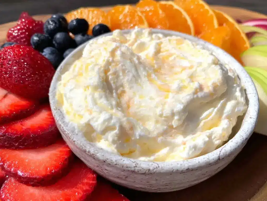 creamy fruit dip with marshmallow - featured image