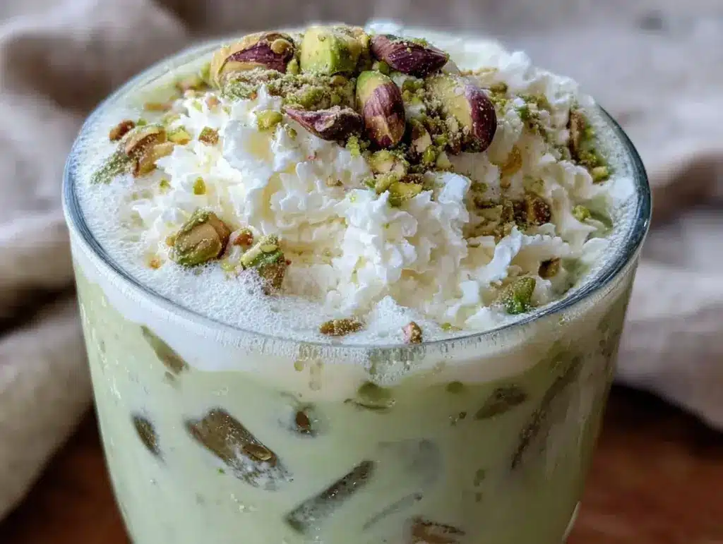 creamy iced pistachio latte - featured image