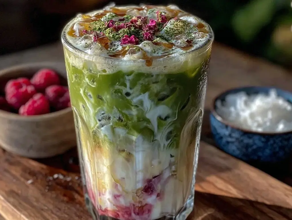creamy matcha raspberry iced latte - featured image