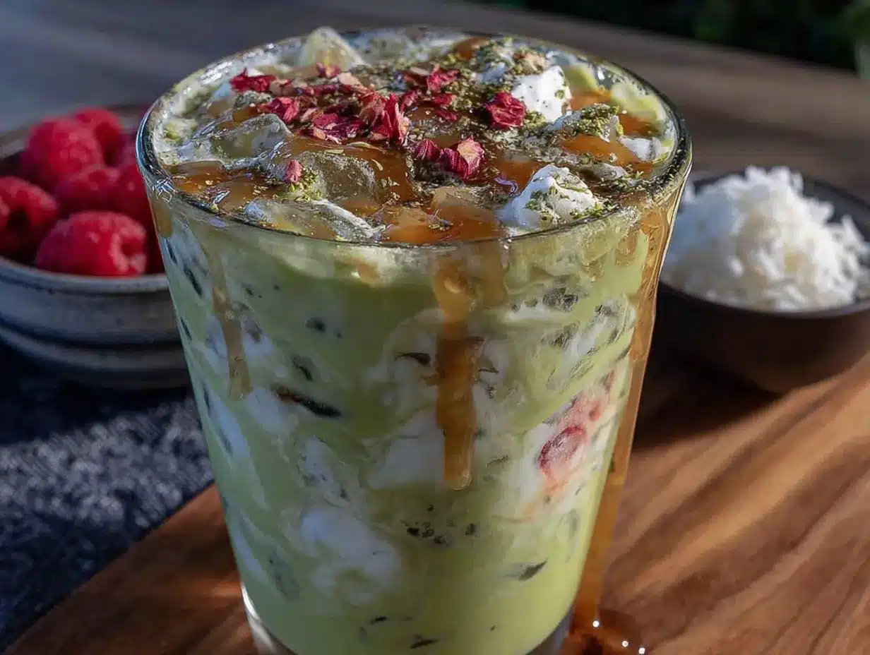 creamy matcha raspberry iced latte preparation steps