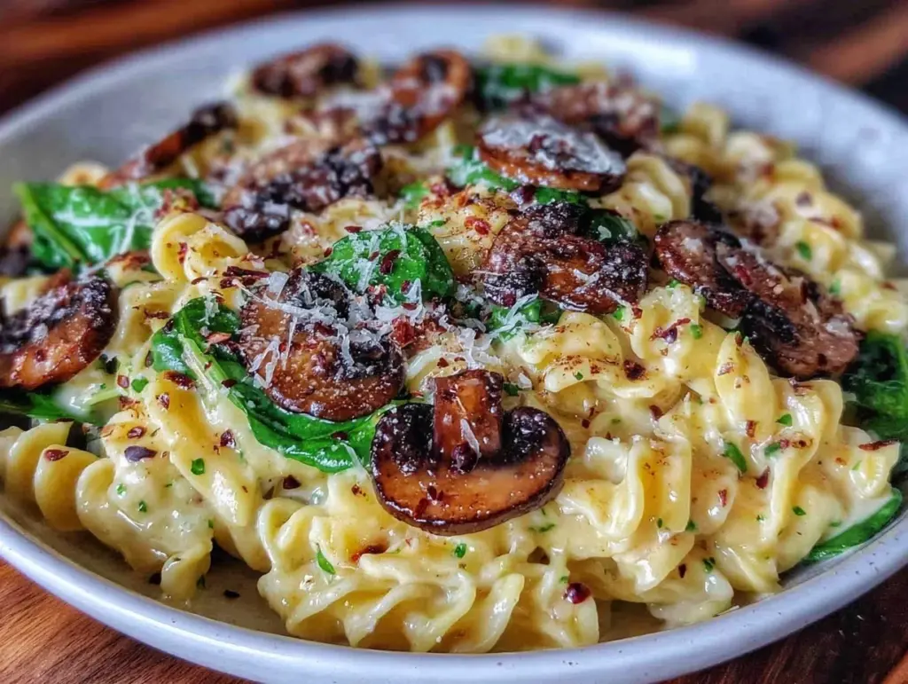 creamy mushroom and spinach parmesan pasta - featured image