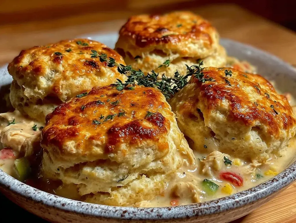 creamy old fashioned chicken and biscuit pot pie - featured image