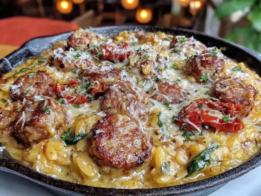 creamy one-skillet cheesy sausage orzo - featured image