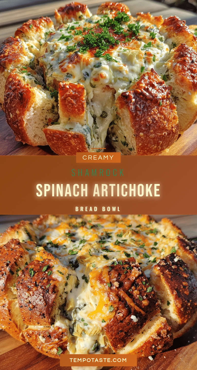 Creamy Shamrock Spinach Artichoke Dip Bread Bowl recipe