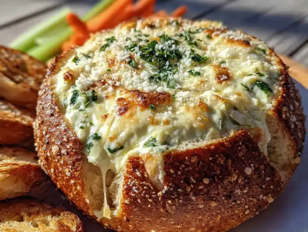 creamy spinach artichoke dip bread bowl - featured image