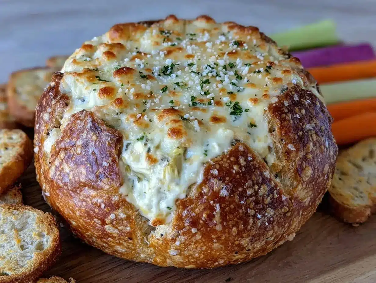 creamy spinach artichoke dip bread bowl preparation steps