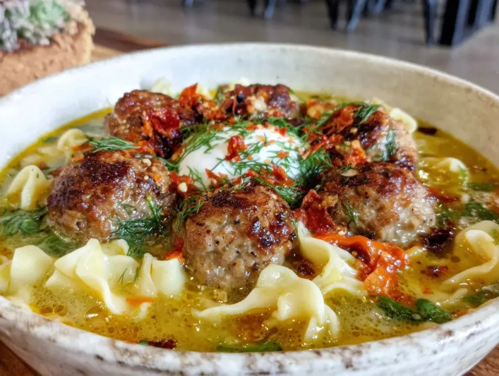 creamy swedish meatball egg noodle soup - featured image